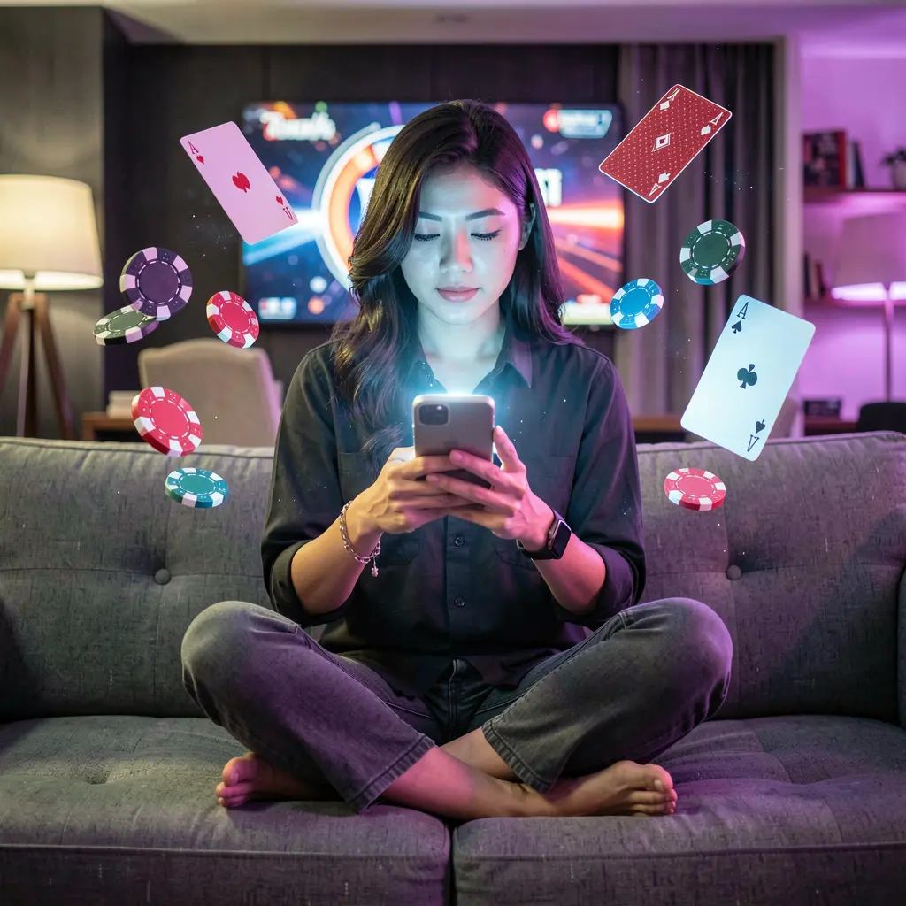 Stylish Malaysian woman relaxing on a modern sofa while using the JK32 casino app with glowing cards and chips floating around her