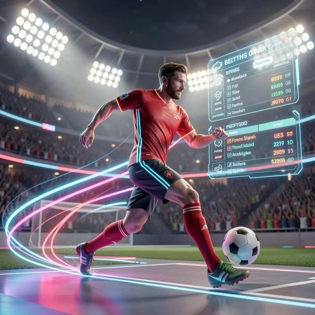 Dynamic neon soccer player with glowing trail and holographic betting interface showcasing live sports betting excitement on JK32 in Malaysia