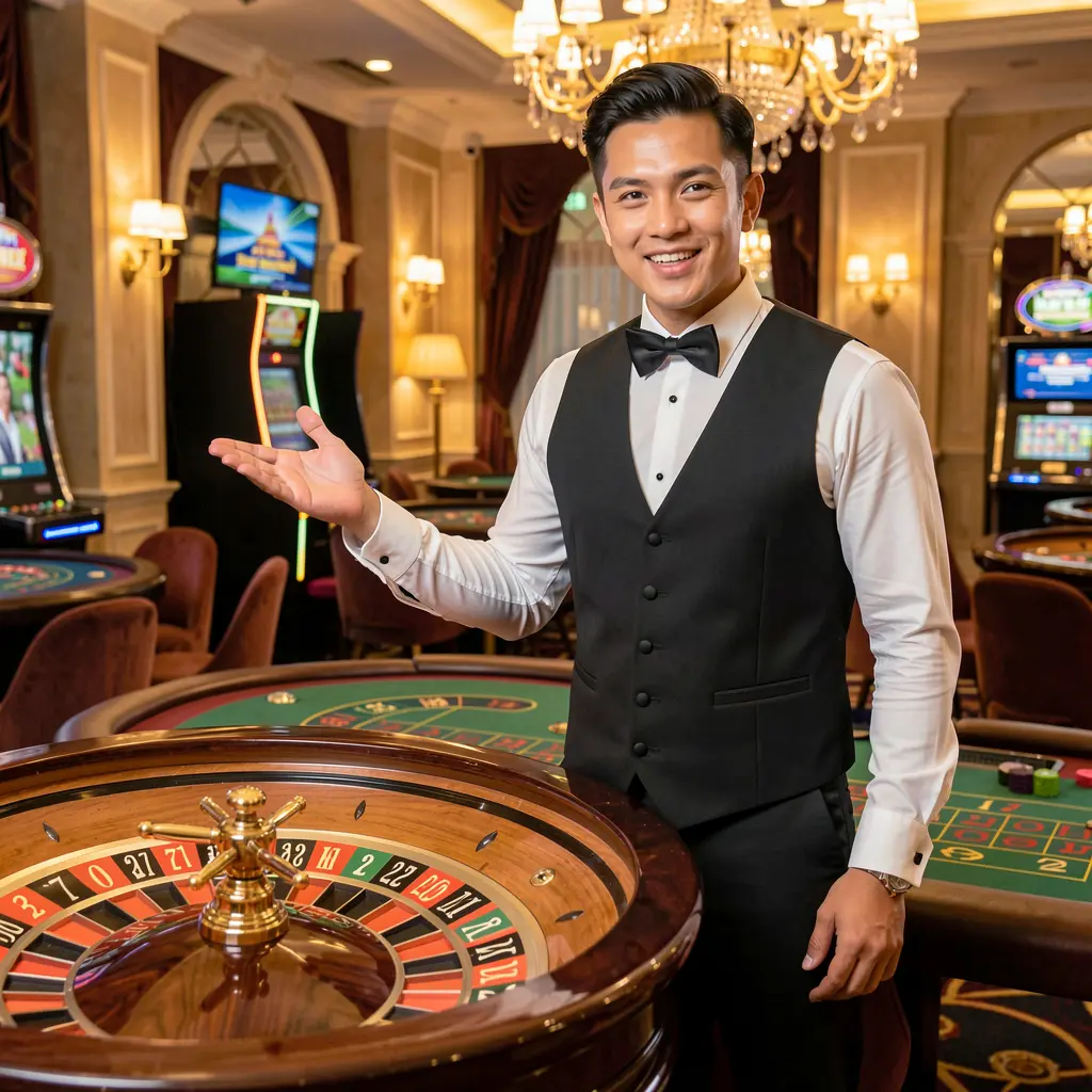 Confident casino dealer in a luxury gaming hall with a roulette table and chandeliers showcasing the premium live casino atmosphere at JK32 for players in Malaysia