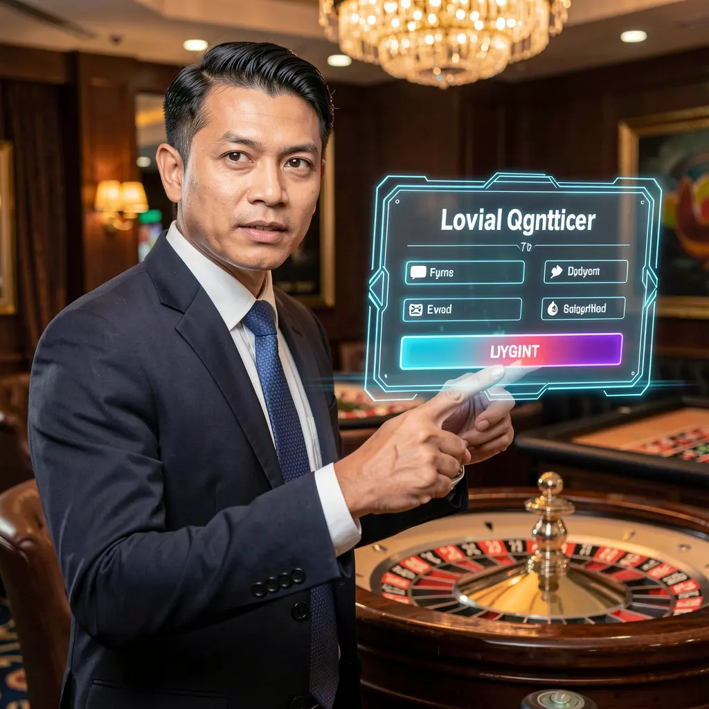 Confident casino expert pointing at a glowing digital login panel with a roulette background highlighting JK32 secure access in Malaysia