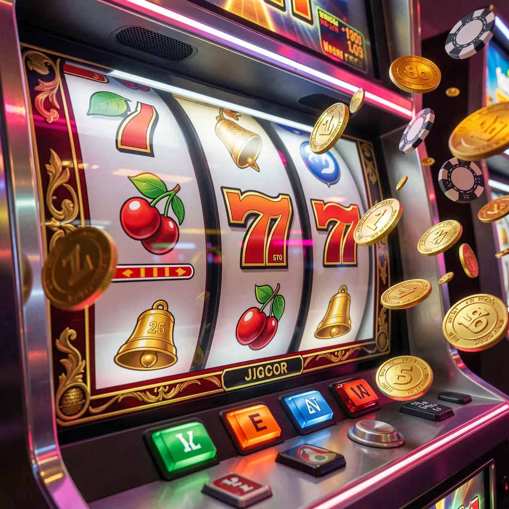 Modern JK32 slot machine with glowing reels and falling coins capturing the thrill of winning slots in Malaysia